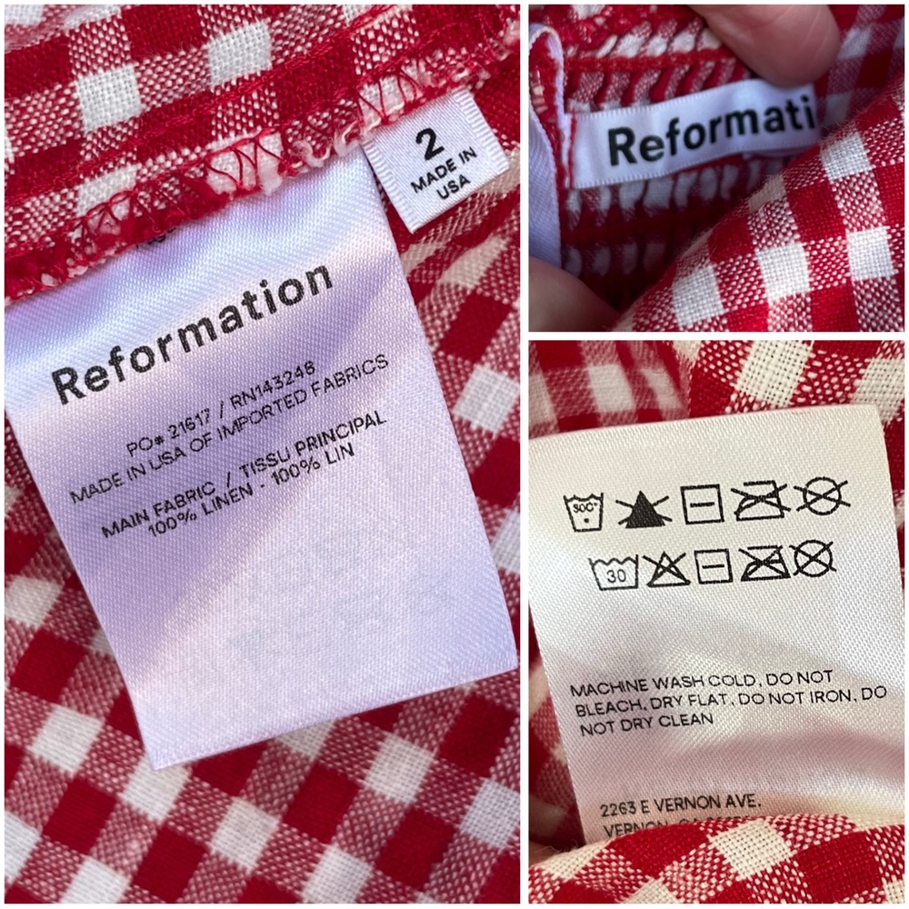 REFORMATION Red Gingham Check Puff Sleeve Cottagecore Linen Belgium Midi Dress - Picture 15 of 16